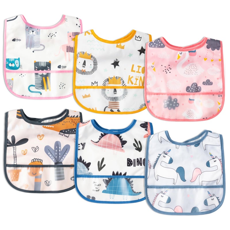 2ooya 6Pcs Waterproof Toddler Bibs Baby Feeding Bib Set with Crumb Catcher Pocket, Adjustable Infant Baby Teething Bib, Babies Sleeveless Animals Food Bibs Keepsake Gift for Baby Shower, 6-24 Months - Image 1