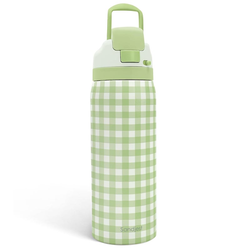 SANDJEST Gingham Pattern Insulated Stainless Steel Water Bottle with Straw, Push-Button Lid, 32 Ounce, Gifts for Women Girls Friends Teens Birthday Christmas (Green) - Image 1