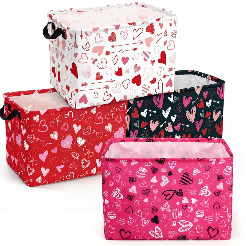 FoldTier 4 Pcs Valentine's Day Storage Baskets Empty Collapsible Valentines Basket with Handles Red Pink Black Heart Storage Boxes for Gifts Home Room Nursery Books Cloth Holiday Containers (Heart) - Image 1