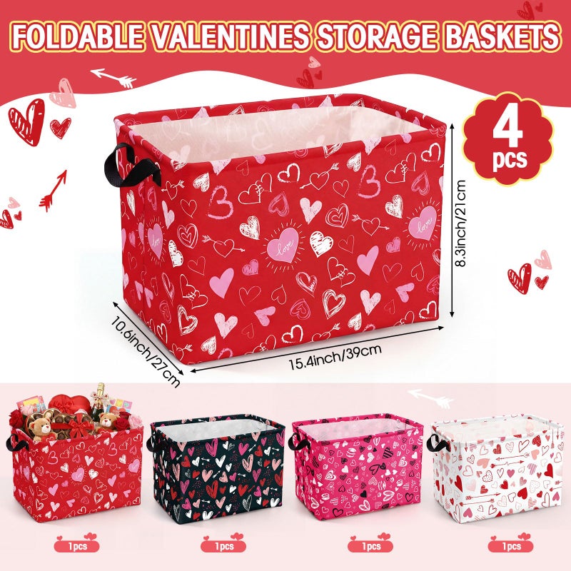 FoldTier 4 Pcs Valentine's Day Storage Baskets Empty Collapsible Valentines Basket with Handles Red Pink Black Heart Storage Boxes for Gifts Home Room Nursery Books Cloth Holiday Containers (Heart) - Image 2