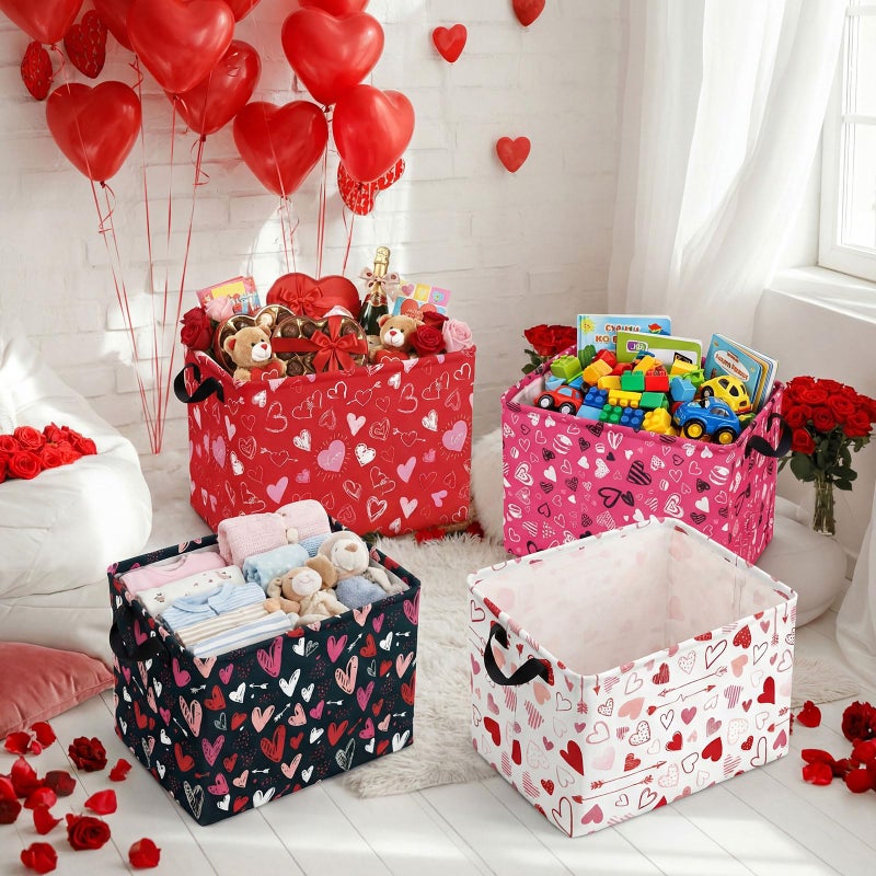 FoldTier 4 Pcs Valentine's Day Storage Baskets Empty Collapsible Valentines Basket with Handles Red Pink Black Heart Storage Boxes for Gifts Home Room Nursery Books Cloth Holiday Containers (Heart) - Image 4