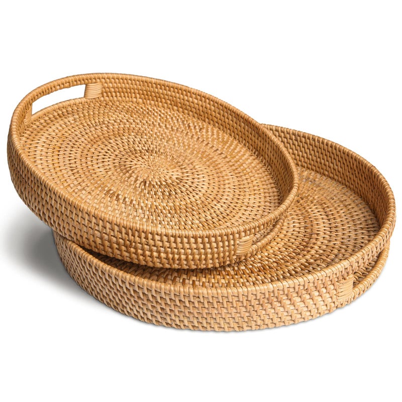 HITOMEN Hand-Woven Round Rattan Serving Tray Decorative Ottoman Wicker Platter with Handles for Coffee Table, Breakfast, Drinks, Snack, Bread, Fruit, Vegetables (Natural Set of 2: M+L) - Image 1
