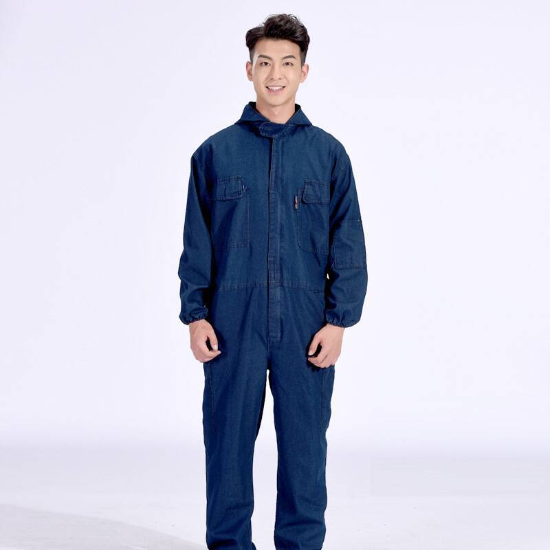 Welding protection conjoined Denim hooded reflective overalls thickened dustproof and wear-resistant welders tooling labor protection flame retardant clothing Thin one piece cowboy 
