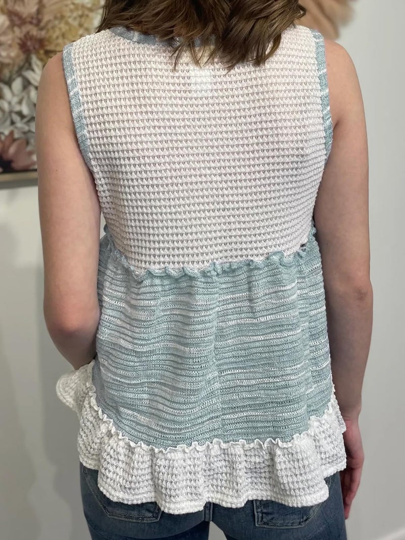 HOULENGS Women's Summer V Neck Babydoll Tank Tops Sleeveless Waffle Knit Peplum Blouses Color-Block Ruffle Hem Flowy Shirts Blue Medium - Image 2