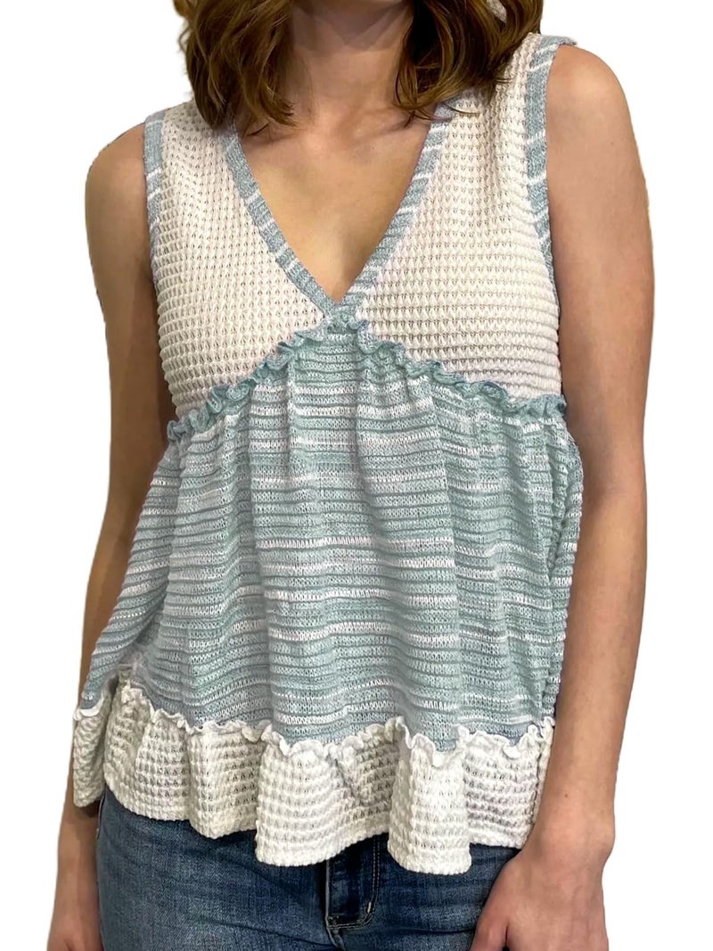 HOULENGS Women's Summer V Neck Babydoll Tank Tops Sleeveless Waffle Knit Peplum Blouses Color-Block Ruffle Hem Flowy Shirts Blue Medium - Image 1