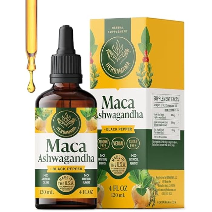 HERBAMAMA Maca Ashwagandha Drops - Vegan Mood Support & Overall Well-Being with Ashwagandha and Maca Root Extract Tincture - Non-GMO, Alcohol & Sugar-Free Women & Men Support Supplement, 56-Day Supply - Image 1
