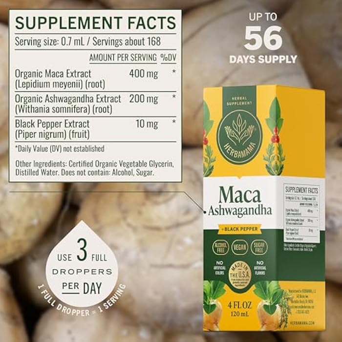 HERBAMAMA Maca Ashwagandha Drops - Vegan Mood Support & Overall Well-Being with Ashwagandha and Maca Root Extract Tincture - Non-GMO, Alcohol & Sugar-Free Women & Men Support Supplement, 56-Day Supply - Image 3