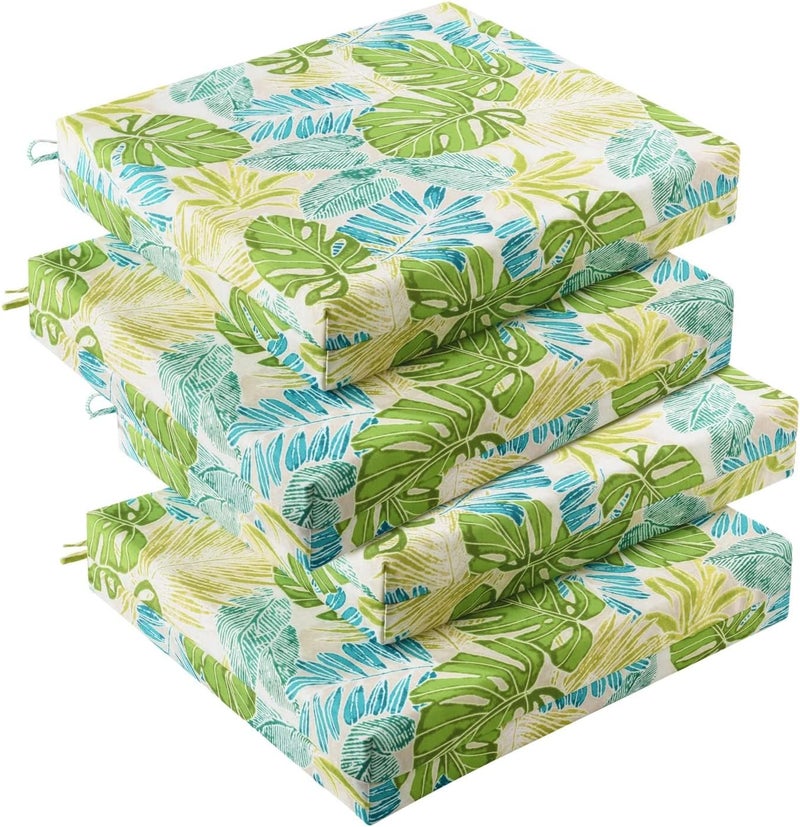 downluxe Outdoor Chair Cushions Set of 4 for Patio Furniture, Water-Resistant Square Patio Chair Cushions with Ties, High Density Foam Outdoor Seat Cushion, 18.5" X 16" X 3", Tropical Green Leaves - Image 1