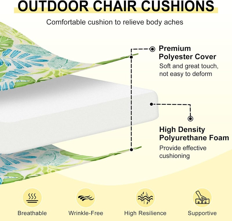 downluxe Outdoor Chair Cushions Set of 4 for Patio Furniture, Water-Resistant Square Patio Chair Cushions with Ties, High Density Foam Outdoor Seat Cushion, 18.5" X 16" X 3", Tropical Green Leaves - Image 2