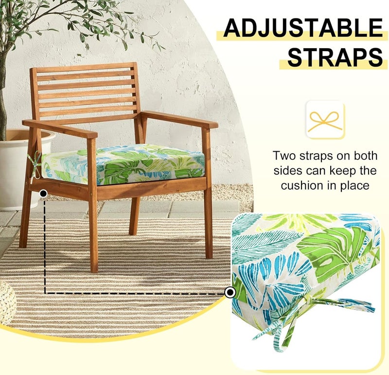 downluxe Outdoor Chair Cushions Set of 4 for Patio Furniture, Water-Resistant Square Patio Chair Cushions with Ties, High Density Foam Outdoor Seat Cushion, 18.5" X 16" X 3", Tropical Green Leaves - Image 5