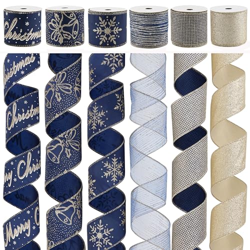 DINDOSAL Navy Blue and Gold Christmas Tree Ribbon  25 Inch Wired Ribbon 6 Rolls for Wreaths Bows Decorations