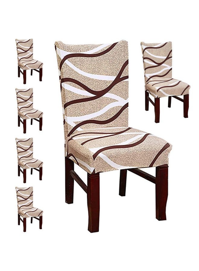 Styleys Stretchable Polyester Printed Dining Chair Covers Washable Elastic Chair Seat Case Protector, Slipcover Set of 6 (SLMC111 Large, White/Brown Wave) - Image 1