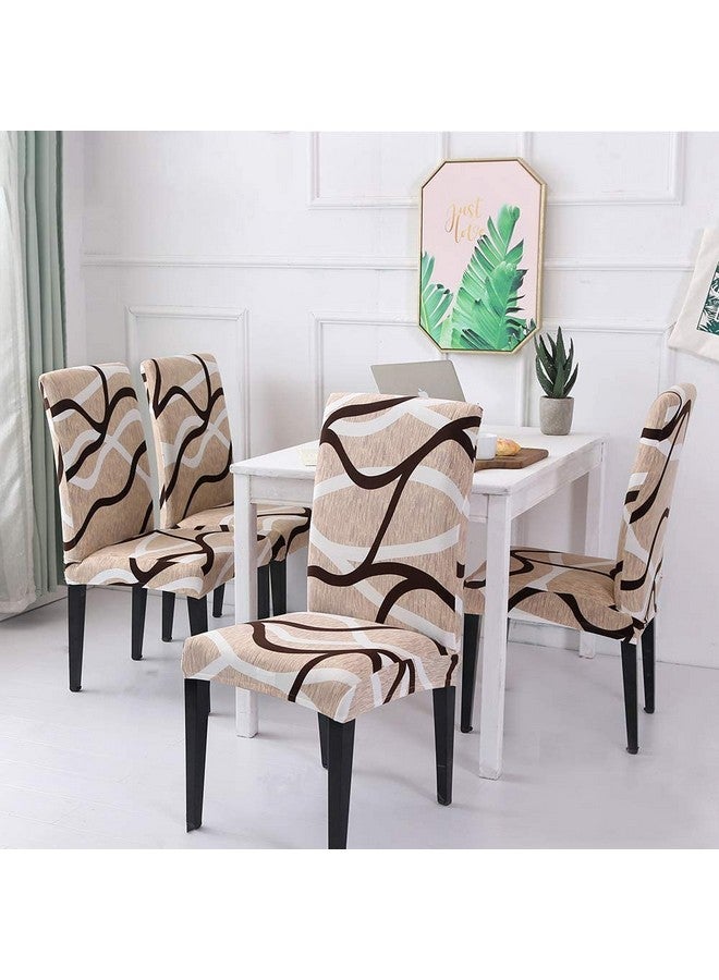 Styleys Stretchable Polyester Printed Dining Chair Covers Washable Elastic Chair Seat Case Protector, Slipcover Set of 6 (SLMC111 Large, White/Brown Wave) - Image 2