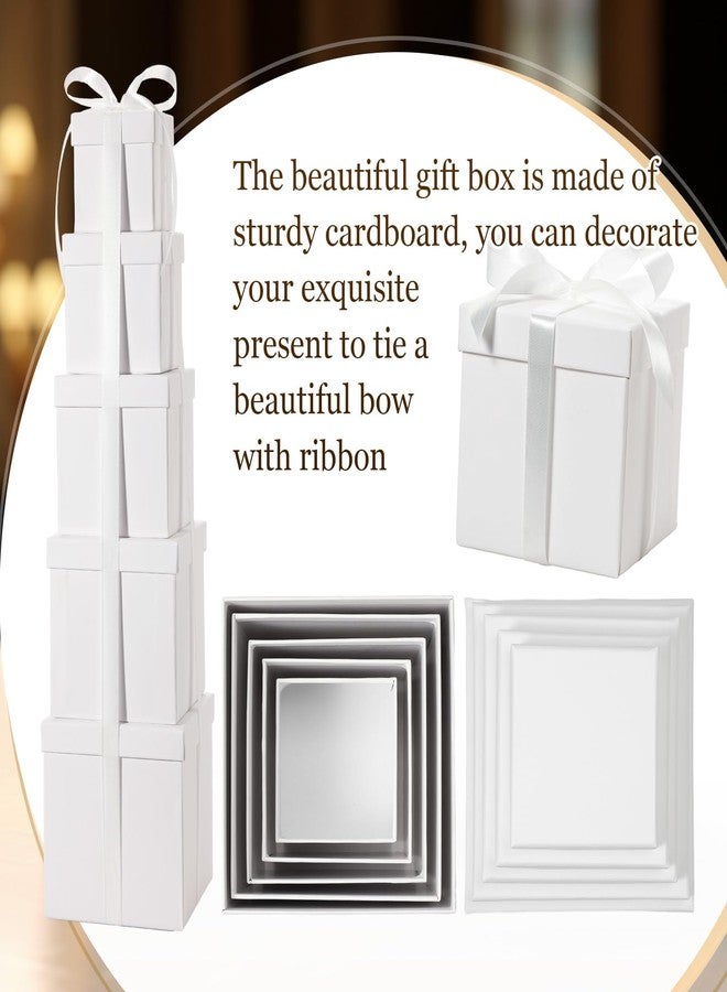 Cholemy 5 Pcs Square Nesting Boxes Decorative Gift Boxes with Lid and Ribbon Assorted Sizes Wrap for Wedding, Carnival, Anniversary, Birthday, Bridal Shower Party Gifts(White - Image 3