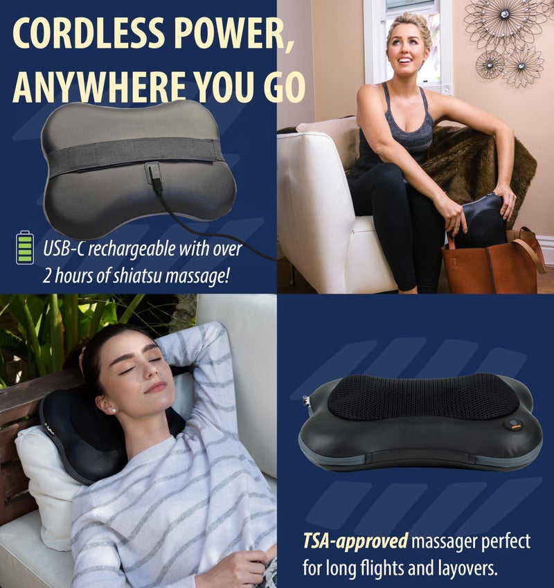 Zyllion Shiatsu Back and Neck Massager with Heat - Cordless Rechargeable 3D Electric Kneading Deep Tissue Massage Pillow for Muscle Pain Relief, Black, ZMA-13RB - Image 3