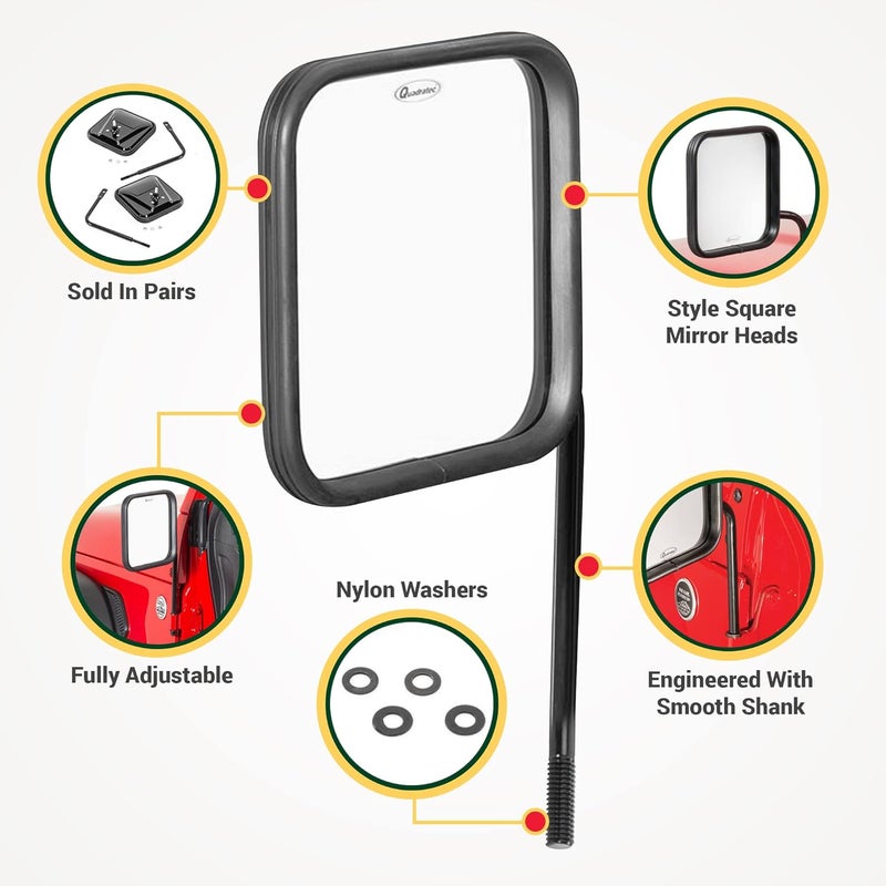 Quadratec Adventure Doorless Mirrors with Square Head - Pair of 2 for Jeep Wrangler & Gladiator (1976-2022) - Image 5