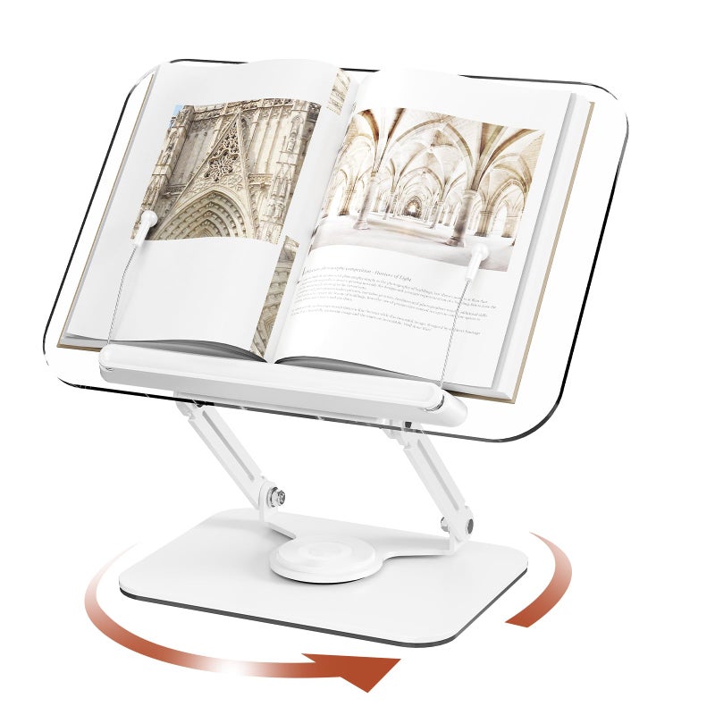 BYMECOST Acrylic Book Stand for Reading, Adjustable Book Holder with 360Â° Rotating Base & Elastic Page Clips, Foldable Desktop Riser Stand for Cookbook,Laptop,Tablet,Music Scores,Recipe,Textbook - Image 1