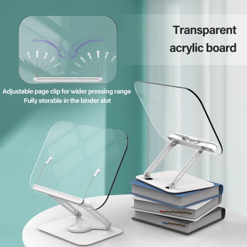 BYMECOST Acrylic Book Stand for Reading, Adjustable Book Holder with 360Â° Rotating Base & Elastic Page Clips, Foldable Desktop Riser Stand for Cookbook,Laptop,Tablet,Music Scores,Recipe,Textbook - Image 2