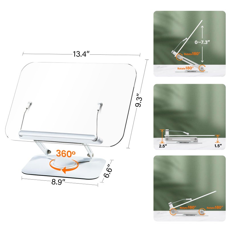 BYMECOST Acrylic Book Stand for Reading, Adjustable Book Holder with 360Â° Rotating Base & Elastic Page Clips, Foldable Desktop Riser Stand for Cookbook,Laptop,Tablet,Music Scores,Recipe,Textbook - Image 5