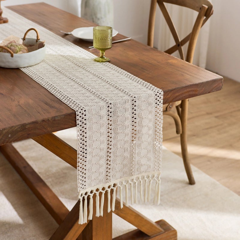 Y&D Hot Sale White Jacquard Woven Table Runner with Tassels – Elegant Fabric Table Runners for Wedding Parties and Special Events - Image 1