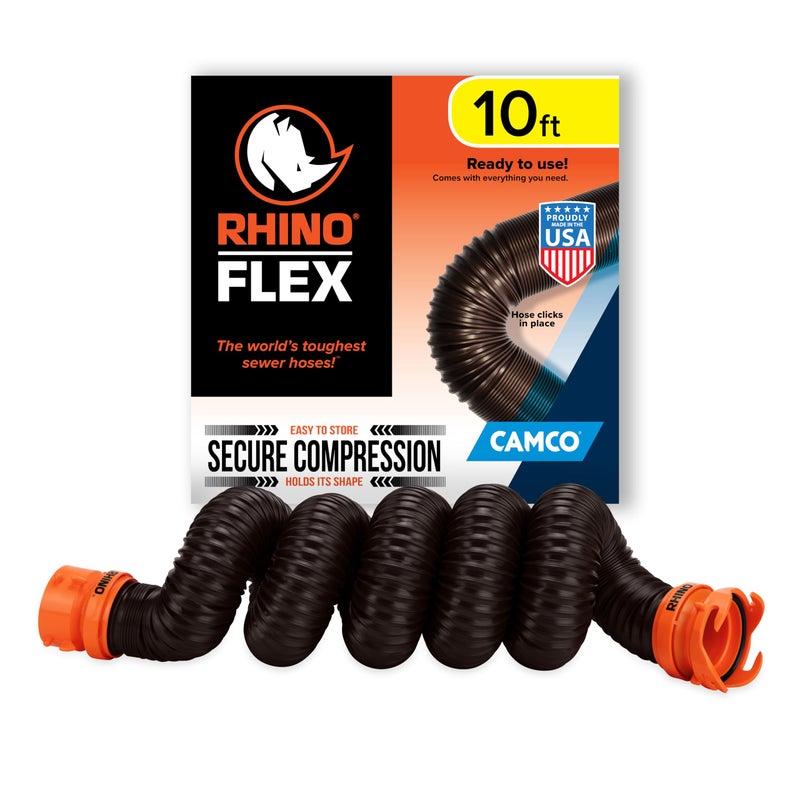 Camco RhinoFLEX 10â€™ Camper/RV Sewer Hose Extension - Features Collapsible Design for RV Storage - Includes Pre-Attached Lug & Bayonet Fitting -Heavy Duty Polyolefin & Reinforced w/Steel Wire (39774) - Image 1
