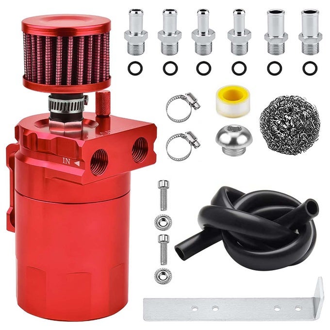 Universal Baffled Oil Catch Can 400Ml Aluminum Polish Oil Separator Catch Can Kit Reservoir Tank With Breather Filter 38 Fuel Line6 Fittingsnecessary Accessoriesred