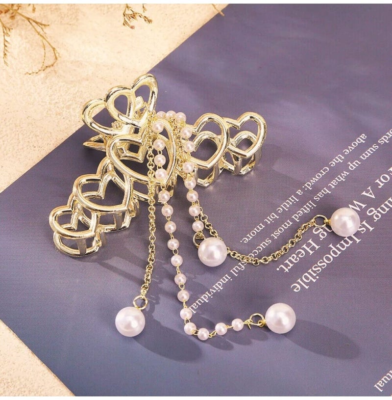 Tresneria Heart Hair Clips Heart Metal Hair Claw Clip Big Nonslip Gold Hair Clamps Hair Accessories Heart Tassel Hair Clip for Women HeartBowBFly - Image 2