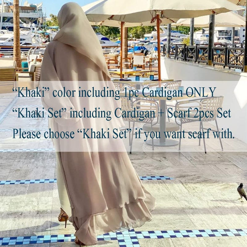 IKADEX Abayas for Women Muslim Dubai Dress Solid Loose Fit Long Cardigan Islamic Kaftan Robe Khaki M - Image 2