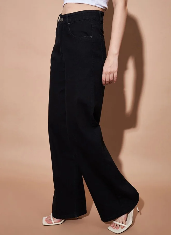 ساسافراس جينز أسود واسع الساق عالي الخصر للنساء