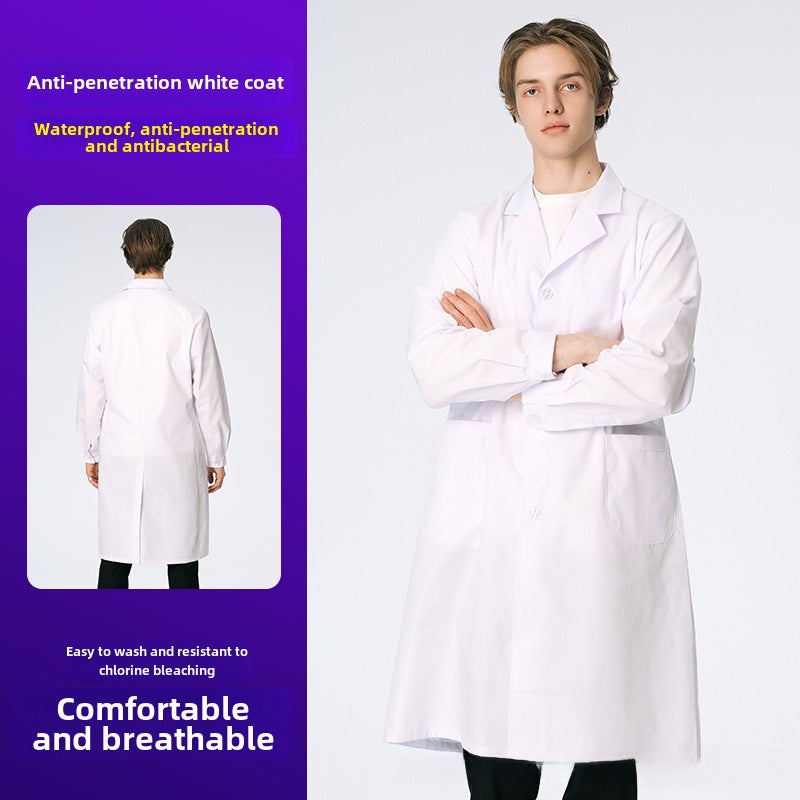 Long Sleeve Unisex Lab Coat Custom Logo Waterproof antibacterial acid and alkali resistant white coat 