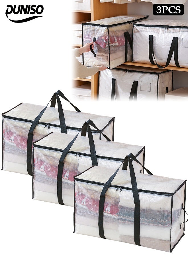 DUNISO 3 Pack Clear Clothes Storage Bags, 72L Plastic Blanket Storage Bags with Side Handle, Foldable Moving Bags with Zipper&Handle, Waterproof and Dustproof，Sturdy and Durable，for Bedding, Duvet, Comforter，Pillow，Toys，68.6*29*38cm - Image 1