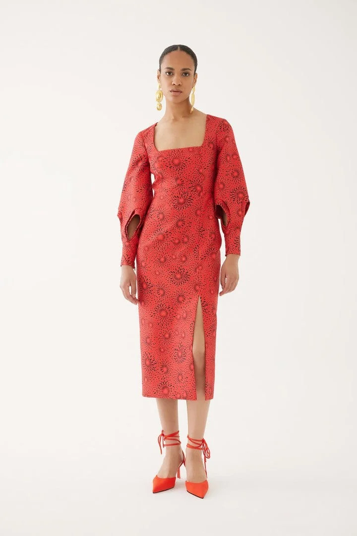 EXQUISE Midi Dress with Sleeve Detail and Slit