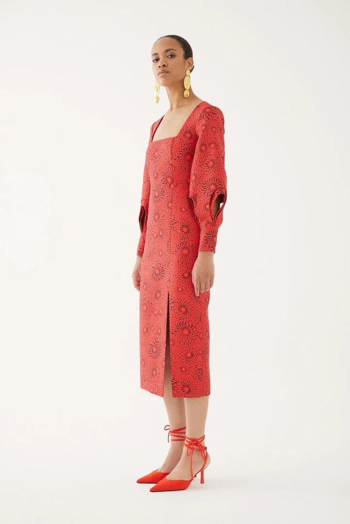 EXQUISE Midi Dress with Sleeve Detail and Slit