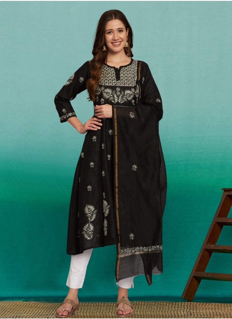 Alaya - Hand embroidered Chikankari Chanderi Cotton Kurta Set and Dupatta with Mukaish-AL3665KS - Image 1