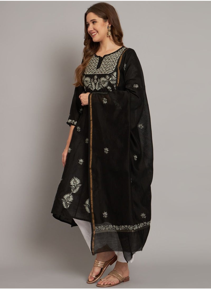 Alaya - Hand embroidered Chikankari Chanderi Cotton Kurta Set and Dupatta with Mukaish-AL3665KS - Image 1