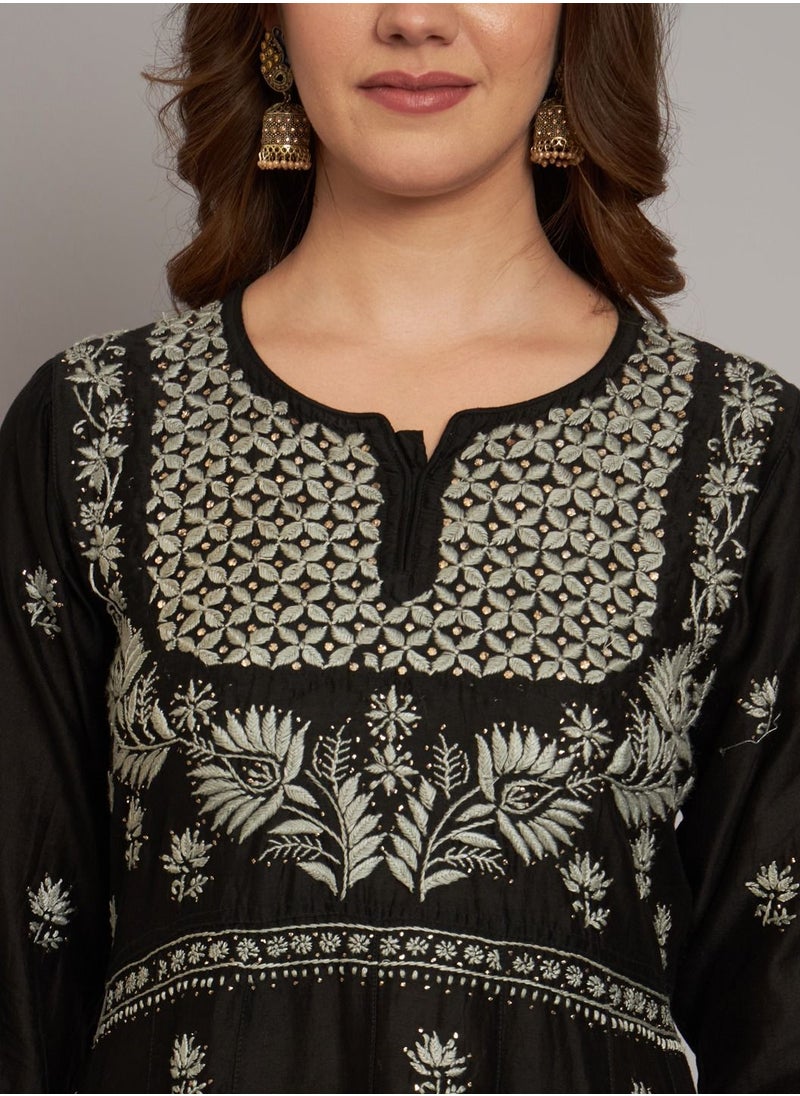 Alaya - Hand embroidered Chikankari Chanderi Cotton Kurta Set and Dupatta with Mukaish-AL3665KS - Image 1