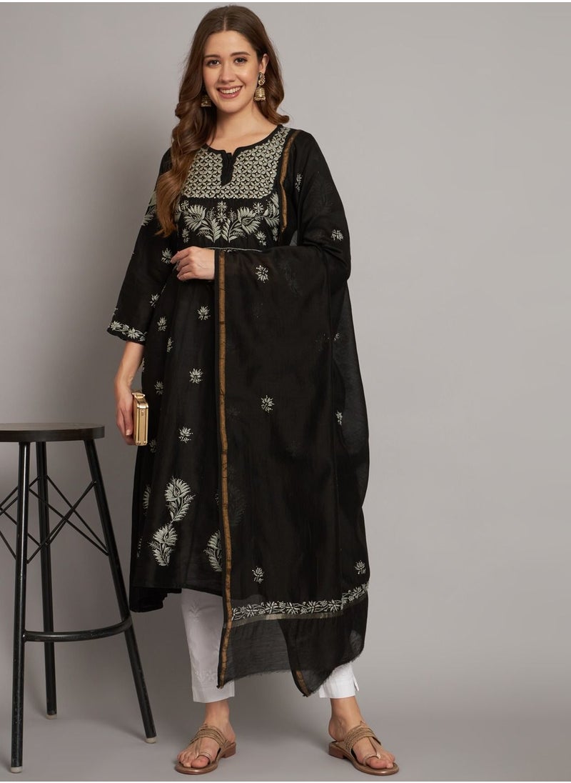 Alaya - Hand embroidered Chikankari Chanderi Cotton Kurta Set and Dupatta with Mukaish-AL3665KS - Image 1