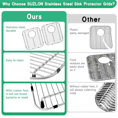 SUZLON 2Pack Stainless Steel Kitchen Sink Grid,13.2" x 11.6" x 1.2" Sink Protectors With Rear Drain Hole,Sink Rack for Bottom of Sink, Anti-rust Metal Sink Bottom Grid With 2Pack Sink Strainers - Image 4