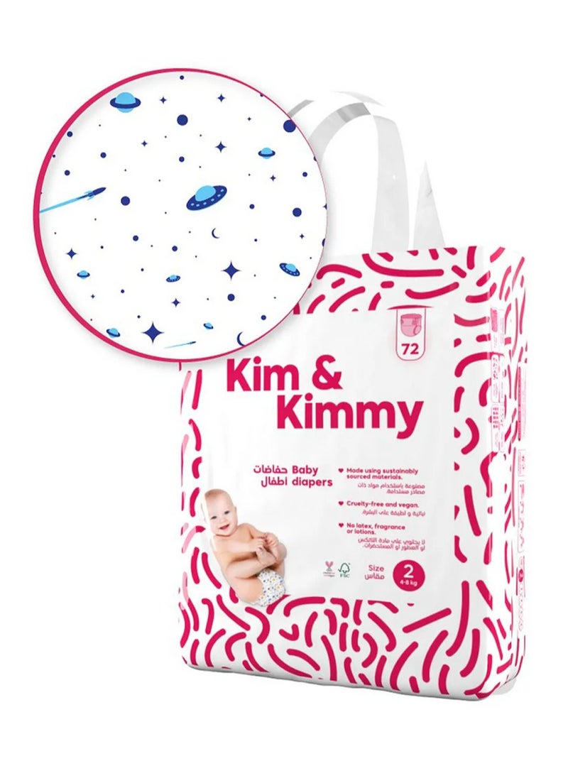 Kim & Kimmy Space Travel Tape Style Diapers, 72 Pieces, Size 2, 4 To 8kg - Ultra Thin and Soft, Leak Protection 