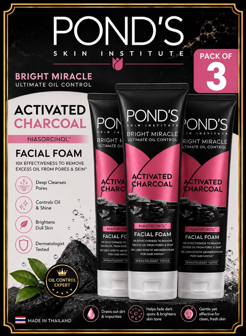 Pond's Bright Miracle Ultimate Oil Control Activated Charcoal Facial Foam 100g x 3 - Image 1