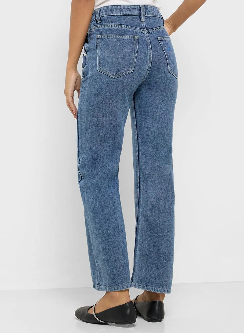 Ginger  Mid Rise Acid Wash Straight Fit Jeans for Women | Best Price UAE