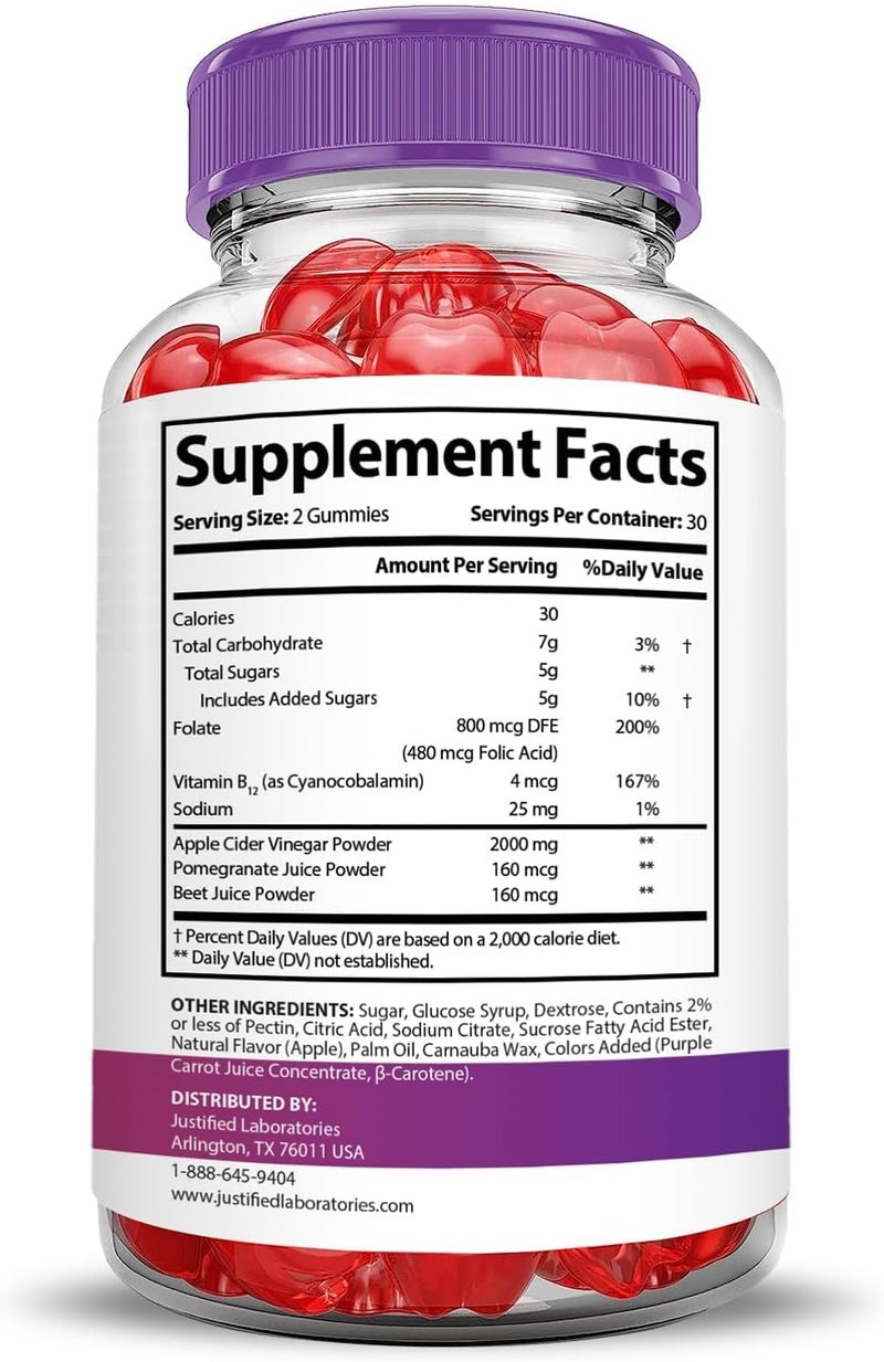 Justified Laboratories Pure Slim Keto ACV Gummies Extreme 2000MG PureSlim Keto Gummies Advanced Formula Apple Cider Vinegar with Pomegranate Beet Juice Powder B12 Vegan Non GMO 60 Gummys - Image 2