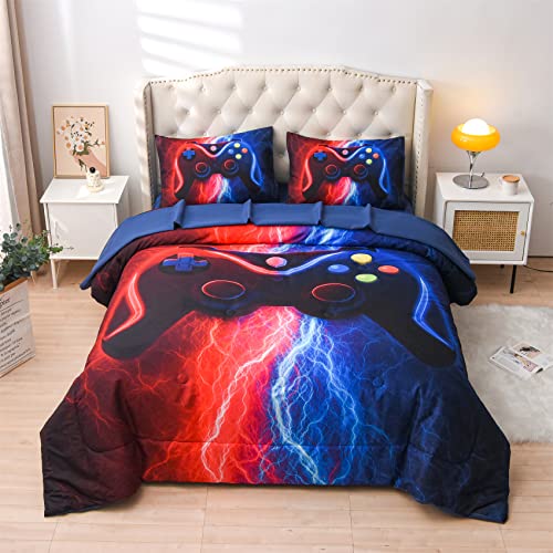 Meeting Story Gamer Gaming Bedding Sets Red Blue Lightnings Gamepad Comforter Set for Boys Games Console Action Buttons Novelty Colorful Modern Room Decor Home Quilt Set RedBlue Full 5Pcs