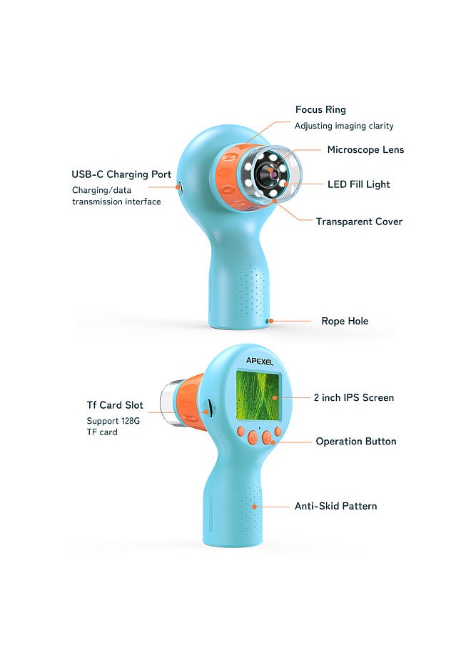 APEXEL APL-MS201 Kids Handheld Digital Microscope with Camera 2MP Photo 720P Video 2.0 Inch IPS Screen 800X Magnification Built-in Battery LED Fill Lights with Adjustable Desktop Bracket  - Image 5