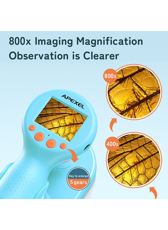 APEXEL APL-MS201 Kids Handheld Digital Microscope with Camera 2MP Photo 720P Video 2.0 Inch IPS Screen 800X Magnification Built-in Battery LED Fill Lights with Adjustable Desktop Bracket  - Image 3