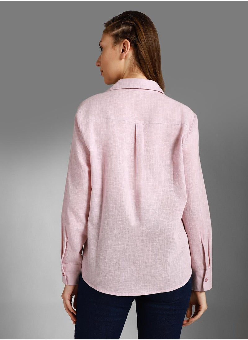 HIGH STAR Classic Spread Collar Shirt for Women - Pink Cotton  - Image 3