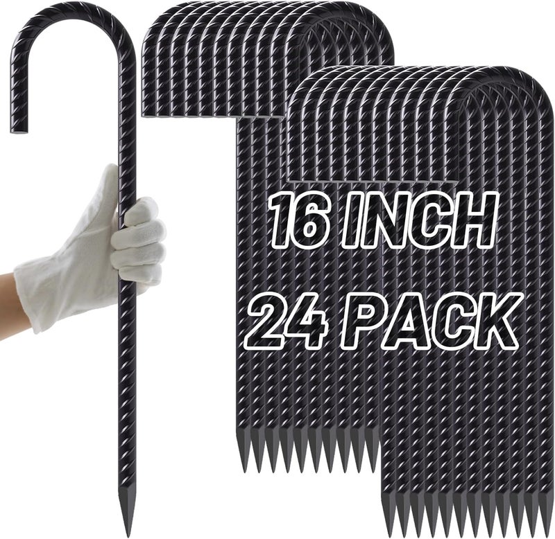 AAGUT Rebar Stakes 16 Inch J Hook Heavy Duty 24 Pack, 3/8 Inch Black Coated Metal Steel Ground Anchors Chain Link Fence Stakes for Camping Tent, Inflatables, Yard Decorations, Canopies & Swing Sets - Image 1