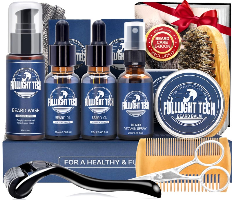 FULLLIGHT TECH طقم العناية باللحية للرجال - يغذي وينعم ويهتم باللحية المتقطعة مع رذاذ الفيتامينات، زيت الشارب، بلسم، غسول، فرشاة شعر خنزير، مشط خشبي، مقص، هدايا عيد الحب للآباء للرجال، الأب، الزوج، الصديق - Image 1