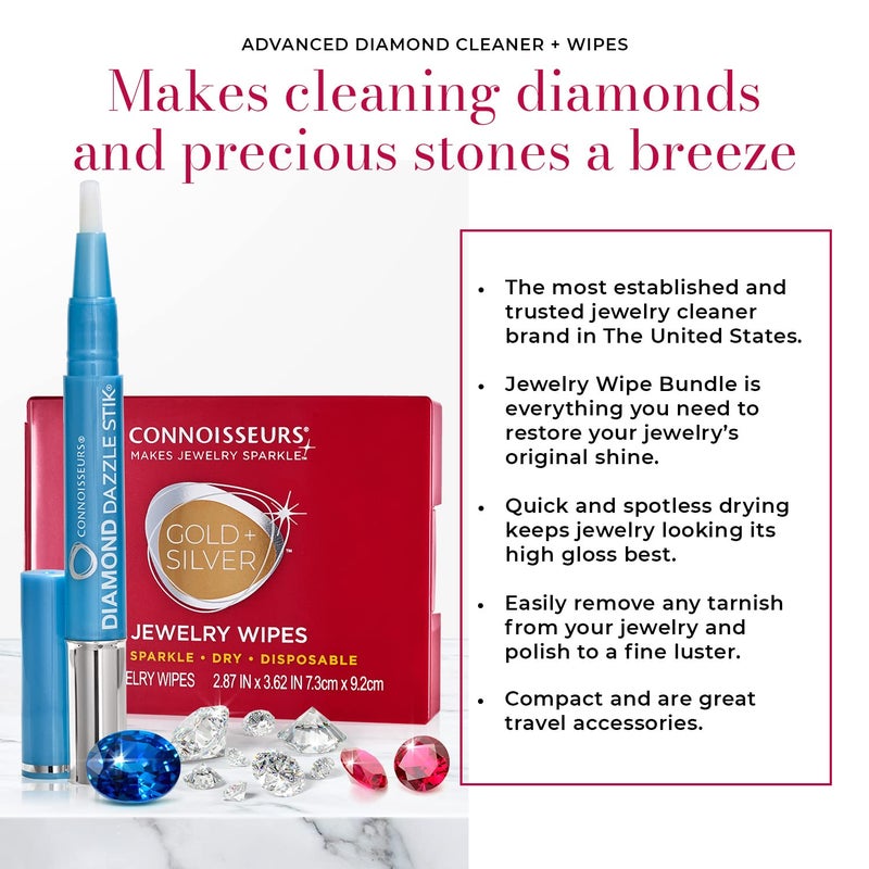 CONNOISSEURS Diamond Dazzle Stik & Jewelry Wipes Bundle - Includes Portable Jewelry Cleaner Solution Pen and 25 Dry, Disposable Wipes - Image 2