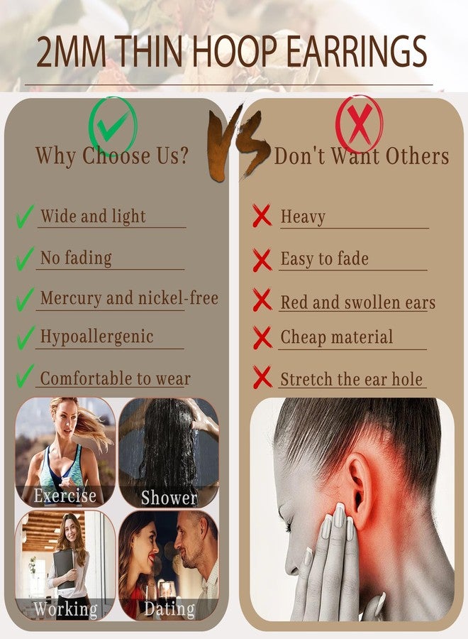 Senteria 2 mm Wide Earrings Silver 925 Hoop Earrings Hypoallergenic Hoop Earrings Gold Large Lightweight Thin Silver Earrings Women Girls 20/30/50/70 mm, 50 Millimeter, Copper, No Gemstone - Image 5